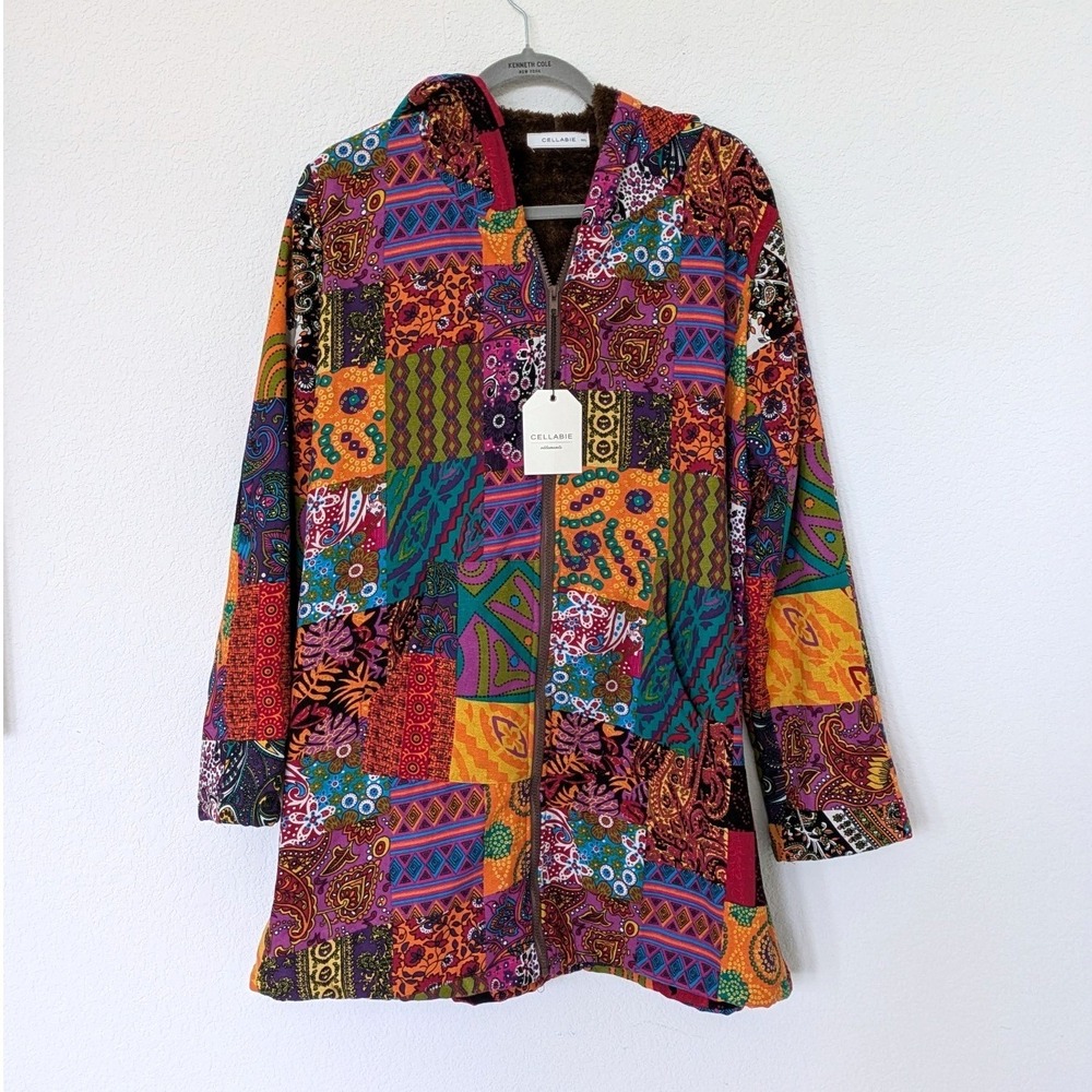 Cellabie Patchwork Hooded Jacket Womens 4XL Multi Color Boho Faux Fur Lined Zip